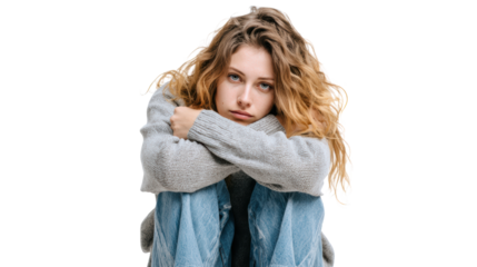 Pensive young woman sitting, hugging knees, looking contemplative, cozy sweater, casual outfit, isolated on white.