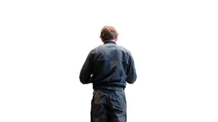 Person in black jacket standing with back turned, isolated on white background.