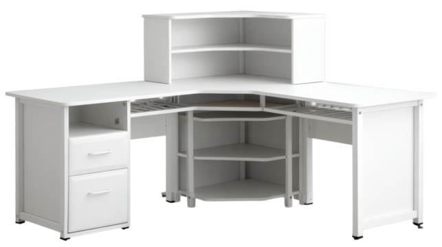 Modern white corner desk with shelves and drawers, perfect for home office use.