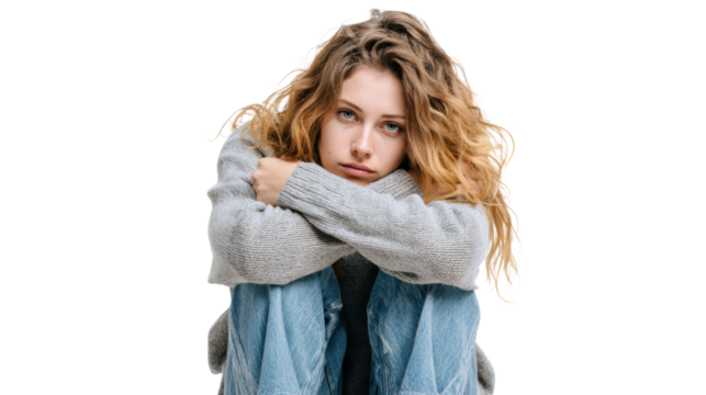 Pensive young woman sitting, hugging knees, looking contemplative, cozy sweater, casual outfit, isolated on white.