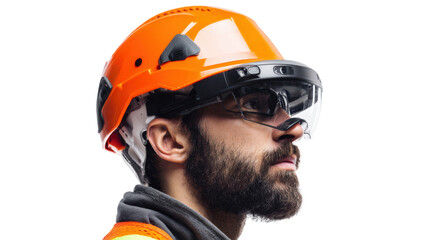 Fototapeta premium Profile of a man wearing orange safety helmet and glasses, focused and prepared for work.