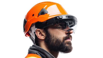 Profile of a man wearing orange safety helmet and glasses, focused and prepared for work.