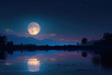 Background night landscape. The night sky, the full moon. Reflection of the moon on the water