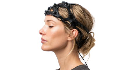 Profile view of a woman wearing a black headband device for technology and wellness evaluation.