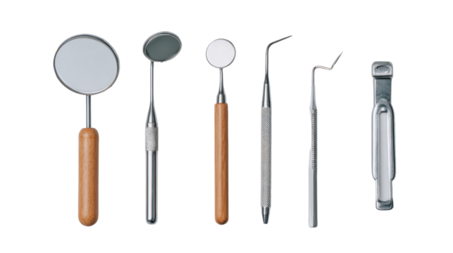 Professional dental tools including mirrors, explorers, and clippers on a white isolated background.
