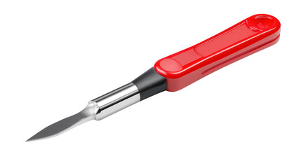 Fototapeta premium Red precision craft knife with a sharp blade, isolated on a white background.