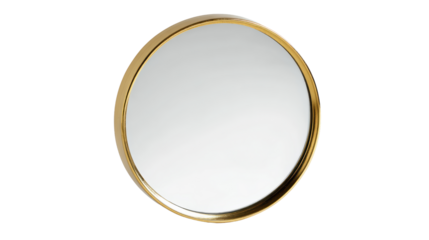 Round mirror with a gold frame, elegant design, perfect for home decor, white isolated background.