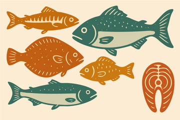 Naklejka premium Fish Collection Illustration – Hand-Drawn Seafood and Fillet Cuts in Vintage Style