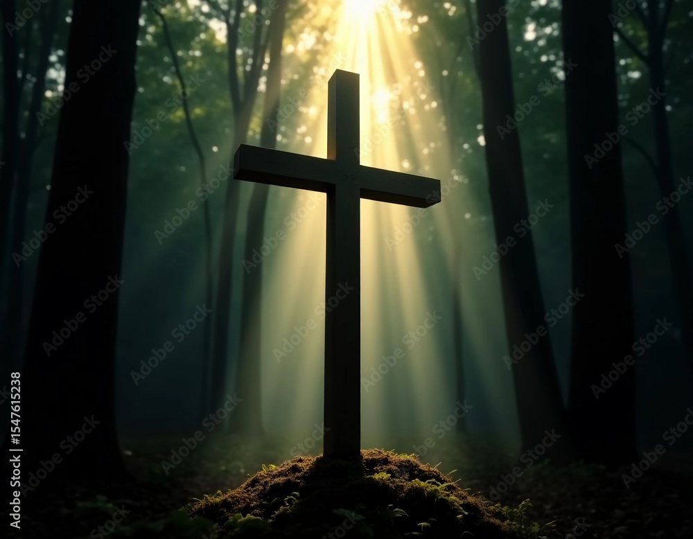 Poster sunlight streams through dense trees, casting bright rays onto a wooden cross surrounded by soft mos
