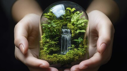Delicate hands cradle a lush miniature landscape featuring a serene waterfall surrounded by verdant ferns and plants, capturing nature's essence in an indoor setting. - Powered by Adobe