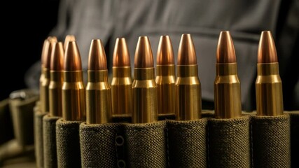 Ammunition belt with cartridges ready for combat and defense in a military setting