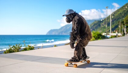 trois singes sur des skateboard en bord de plage 