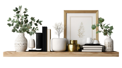 Stylish shelf decor featuring books, vases, and framed art on a wooden shelf with greenery accents.