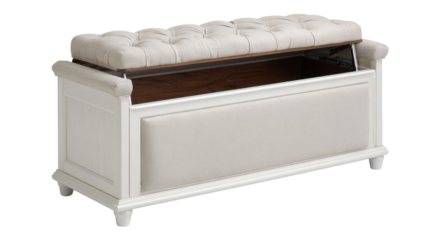 Stylish storage bench with tufted cushion, perfect for home decor and organization.
