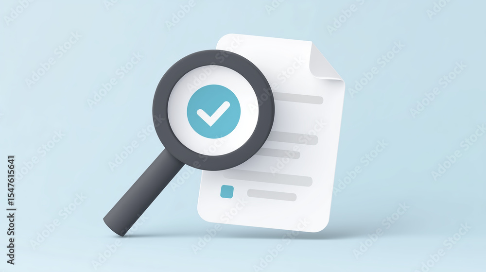 Poster magnifying glass over document with checkmark symbol, representing verification, analysis, and atten