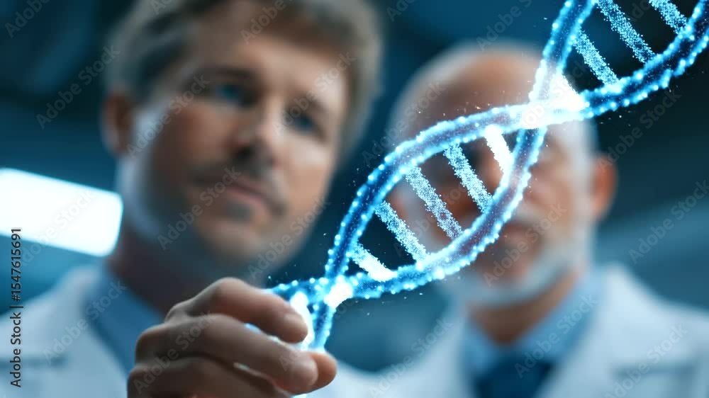 Poster biotechnologists analyzing dna and molecular structures in a laboratory setting.