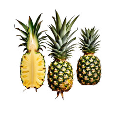 Three pineapples on a black background one pineapple is cut in half showing the yellow fruit inside