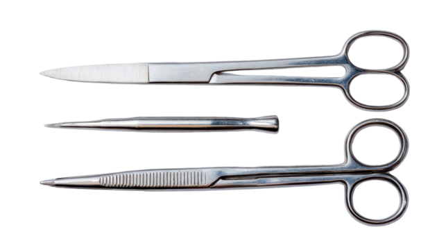 Surgical tools including scissors and forceps on a white isolate background.