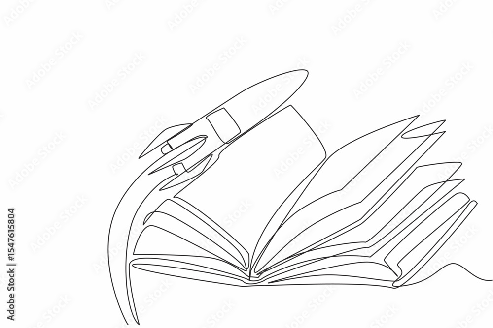 Poster single continuous line drawing a rocket flying in the middle of an open thick book. knowledge about 
