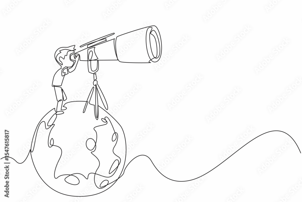 Poster single one line drawing boy looking through giant telescope at the moon. studying the knowledge that