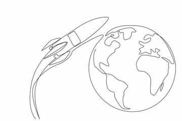 Continuous one line drawing rocket flying and beside it is a globe. Space expedition completed. Back to earth. Knowledge about the moon. National Space Day. Single line draw design vector illustration