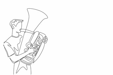 Continuous one line drawing casually dressed man playing the tuba. Producing a pleasant tone. Street musician. Modern. Harmony. Jazz. National Tuba Day. Single line draw design vector illustration