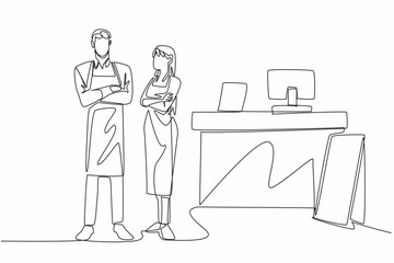 Single continuous line drawing a male and a female waiters wearing aprons standing side by side. Stand by near the cashier. Order and pay. School Lunch Hero Day. One line design vector illustration
