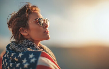 Woman wearing sunglasses and an American flag shawl gazes at the sunset with a contemplative expression in a scenic outdoor setting