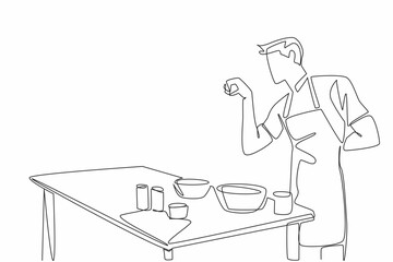 Single continuous line drawing male waiter wearing yellow apron sprinkles spices into the pan. Styled like a famous chef. Cook with joy. School Lunch Hero Day. One line design vector illustration