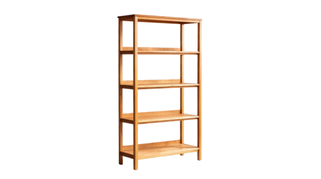 Wooden bookshelf with five spacious tiers, perfect for organizing books or decorative items.