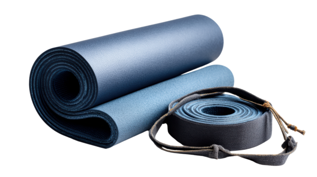 Yoga mats rolled with strap, isolated on white background.