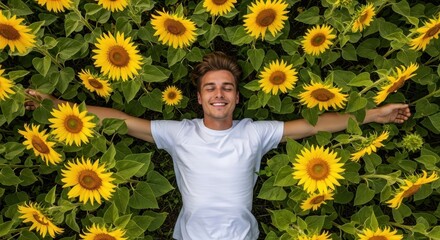 Happy young man enjoying summer, lying relaxed in a vibrant sunflower field from above.