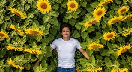 Young man relaxing in a vibrant sunflower field, seen from an aerial top view