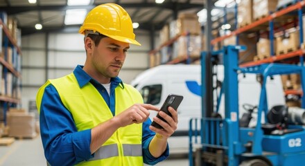 Male warehouse worker using a smartphone for inventory management in a large industrial setting