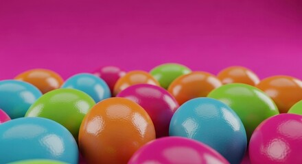 Vibrant and shiny colorful easter eggs on a bright pink background for celebration.