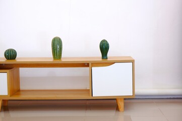 Minimalist Green Cacti on Light Brown Wooden Shelf Against White Wall