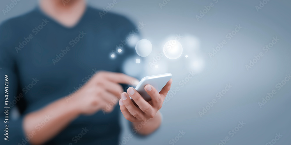 Poster individual using smartphone with digital interface, interacting with floating icons and symbols, sho