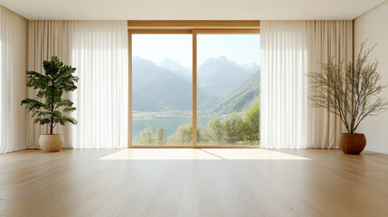 Bright and airy interior with large windows showcasing stunning mountain view