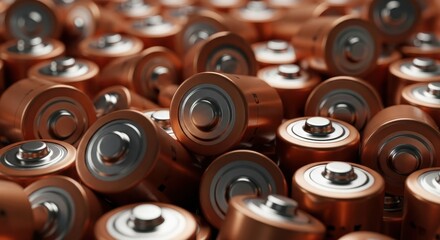 A large pile of copper colored alkaline batteries for consumer electronics and power supply.