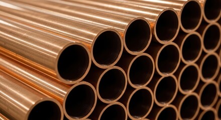 Stacked shiny copper pipes for industrial use in construction and plumbing