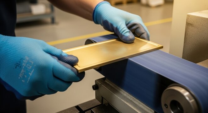 Worker in protective gloves uses a belt sander to polish a metal component in a factory.