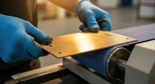 Worker in blue gloves polishing a golden metal plate on an industrial machine