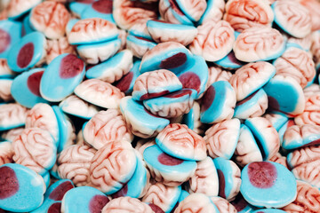 Close-up of assorted colorful brain-shaped jelly candies, Halloween sweets