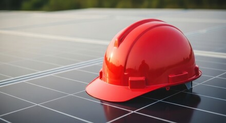 Red hard hat on solar panels symbolizing safety and renewable energy development.
