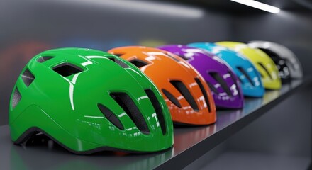Fototapeta premium Colorful bicycle helmets lined up on a shelf in a modern retail store display