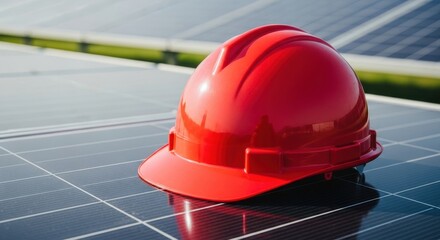 Red hard hat on a solar panel at a renewable energy power plant