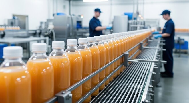 Orange juice bottles moving on a conveyor belt in a beverage factory production line