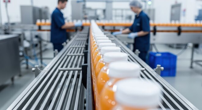 Orange juice bottles moving on a conveyor belt in a modern beverage factory