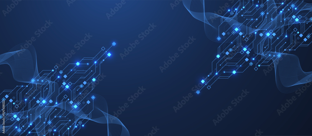 Fototapete Artificial Intelligence or machine learning vector design. Quantum computer technology concept with circuit board and motherboard texture background design. Waves flow quantum explosion