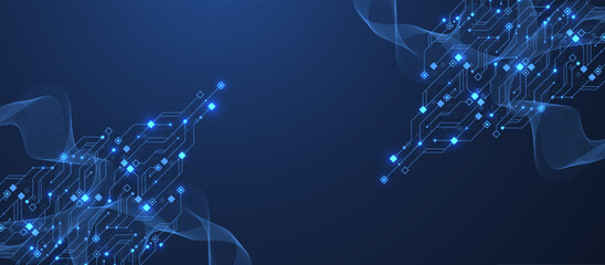 Artificial Intelligence or machine learning vector design. Quantum computer technology concept with circuit board and motherboard texture background design. Waves flow quantum explosion